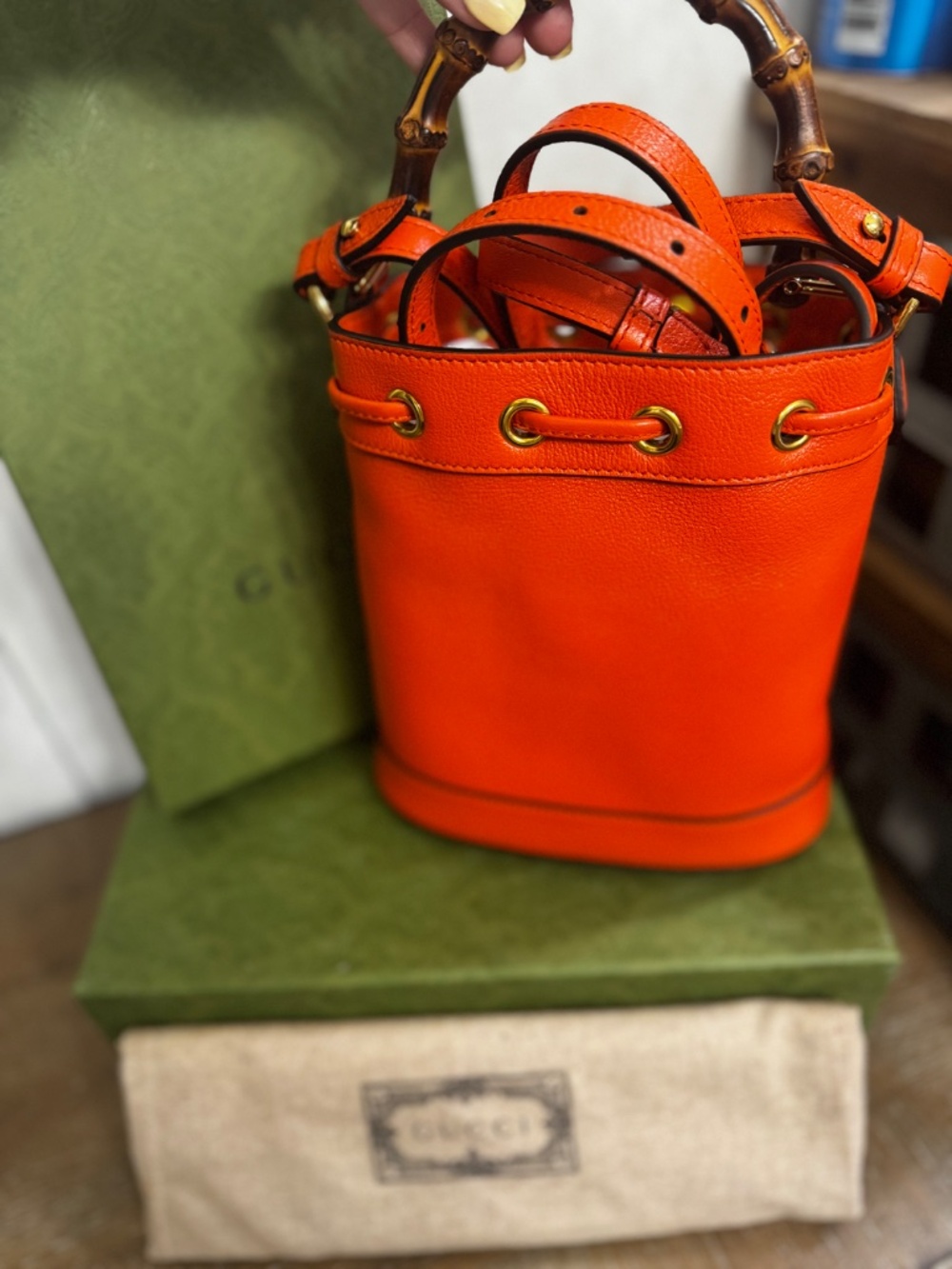 Gucci Diana Small Tote Bag - Orange Bucket Bag with Bamboo Handle - Picture 3 of 5